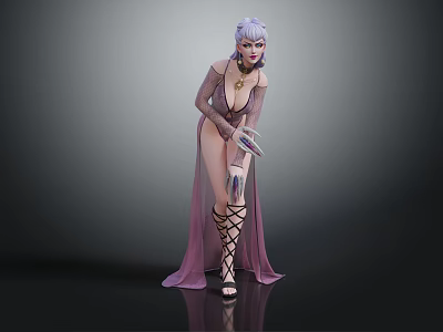 Lavender Haired Female Character In Purple Crisscross Strap Sheer Mesh Dress Holding Fantasy Creature 3d model