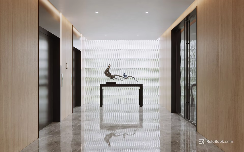 Modern Elevator Hallway With Wooden Panels Reflective Marble Floor Ceiling Lights And Sculpture On Console Table 3d model 