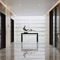 Modern Elevator Hallway With Wooden Panels Reflective Marble Floor Ceiling Lights And Sculpture On Console Table