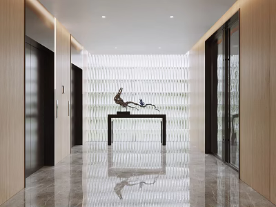 Modern Elevator Hallway With Wooden Panels Reflective Marble Floor Ceiling Lights And Sculpture On Console Table 3d model
