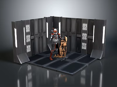 Cartoon Scene With Two Characters Gray Walls Grid Windows Lights And Dark Floor 3d model