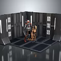 Cartoon Scene With Two Characters Gray Walls Grid Windows Lights And Dark Floor
