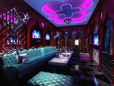 Luxurious KTV Room Interior With Purple Lighting Blue Sofas Multiple Screens And Decorative Deer Heads 3d model
