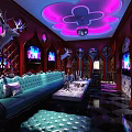Luxurious KTV Room Interior With Purple Lighting Blue Sofas Multiple Screens And Decorative Deer Heads
