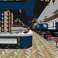 Modern Restaurant Interior Featuring Blue Decor Circular Central Structure Red Seats And Herringbone Flooring 3d model