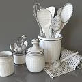 Kitchen Utensils Display With Wooden Spoons Whisk Honey Jar Ceramic Jars And Cloth