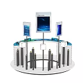 Modern Circular Display Shelving Unit with Multiple Screens and Display Items 3d model