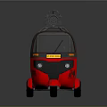 Red Three Wheeled Functional Vehicle With Roof Mounted Machine Gun And Brown Seats
