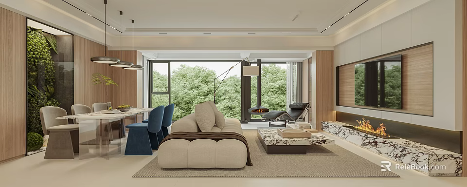 Modern Living Dining Room Interior With Beige Sofa Coffee Table Dining Chairs And Green Trees 3d model 