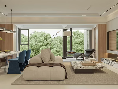 Modern Living Dining Room Interior With Beige Sofa Coffee Table Dining Chairs And Green Trees 3d model