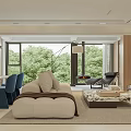 Modern Living Dining Room Interior With Beige Sofa Coffee Table Dining Chairs And Green Trees