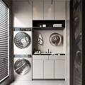 Modern Home Balcony With Laundry Machines Washing Station And Storage Cabinets