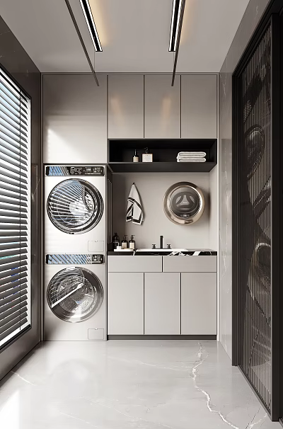 Modern Home Balcony With Laundry Machines Washing Station And Storage Cabinets 3d model