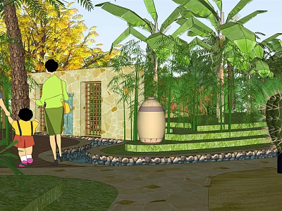 Scenic Garden with Palm Trees Stone Walls Clay Pots and People Walking 3d model