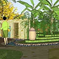 Scenic Garden with Palm Trees Stone Walls Clay Pots and People Walking