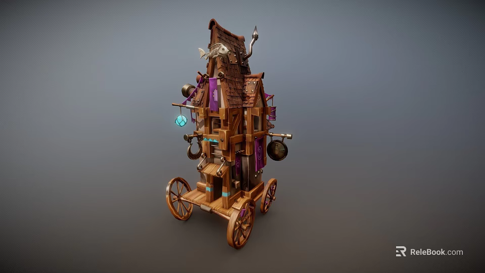 Vintage Decorative Wooden Car With Fabric Canopy And Hanging Items 3d model 
