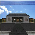 Traditional Chinese Ancient Architecture Courtyard With Tiled Roofs Green Lawn Paths Pond Bridge And Pavilions
