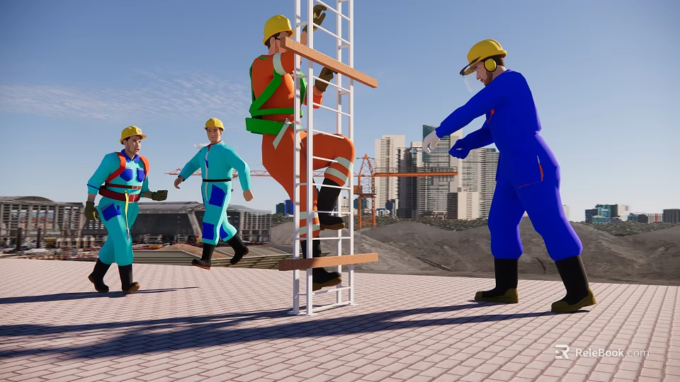 Construction Workers Climbing Ladder And Assisting At Urban Construction Site With Cranes And High rise Buildings 3d model 