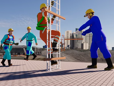 Construction Workers Climbing Ladder And Assisting At Urban Construction Site With Cranes And High rise Buildings 3d model