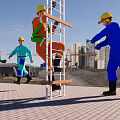 Construction Workers Climbing Ladder And Assisting At Urban Construction Site With Cranes And High rise Buildings
