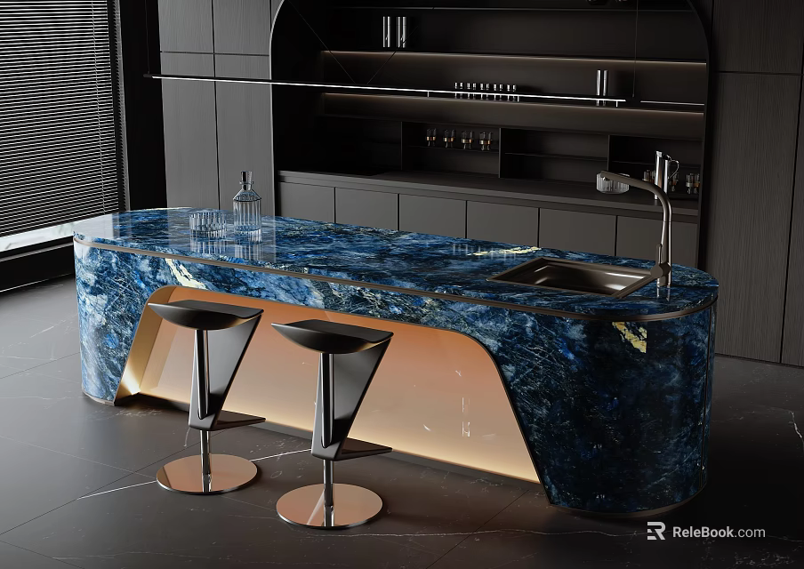 Modern Luxury Bar Counter With Blue Marble Countertop Two Black Bar Stools Under Lighting 3d model 