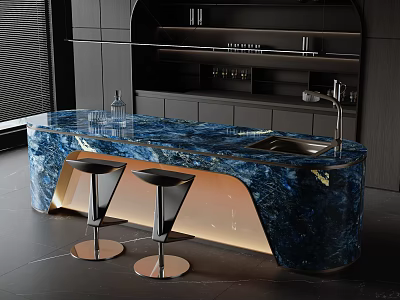 Modern Luxury Bar Counter With Blue Marble Countertop Two Black Bar Stools Under Lighting 3d model