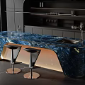 Modern Luxury Bar Counter With Blue Marble Countertop Two Black Bar Stools Under Lighting