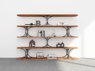 Modern Multi Tiered Wooden Shelving Unit With Metal Frames Holding Books And Decorative Items 3d model