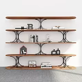 Modern Multi Tiered Wooden Shelving Unit With Metal Frames Holding Books And Decorative Items