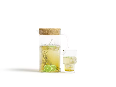 Refreshing Lemon Herb Drink in Glass Pitcher with Cork Lid and Ice Cubes 3d model