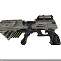 Futuristic Tech Inspired Weapon With Metallic Texture Heavy Duty Ringed Barrel And Red Gray Grip