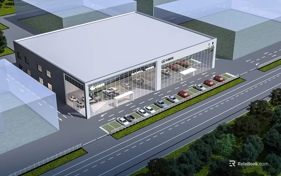 Modern 4S Car Dealership With Bright Glass Showroom And Orderly Outdoor Vehicle Display Zone 3d model 