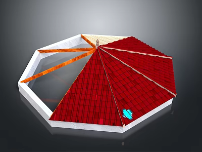 Octagonal Roof Structure With Red Tiles Glass Skylight And Wooden Beams 3d model
