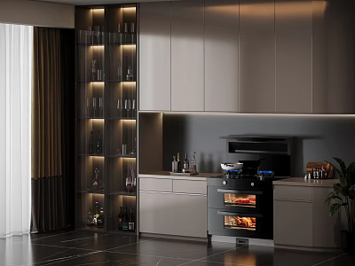 Modern Kitchen Interior With Glass Shelves Lighting Cabinets And Appliances On Dark Tiled Floor 3d model