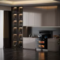 Modern Kitchen Interior With Glass Shelves Lighting Cabinets And Appliances On Dark Tiled Floor