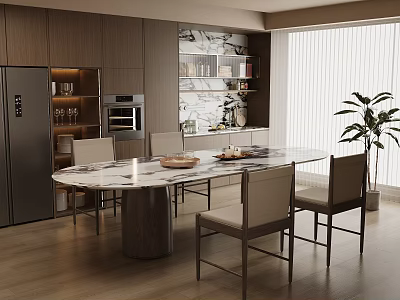 Elegant Modern Restaurant Interior With Marble Dining Table Wooden Cabinets And Plants 3d model