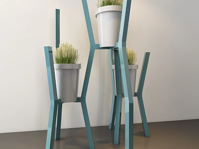 Modern Garden Decor With Blue Geometric Plant Stands White Flower Pots And Green Plants 3d model