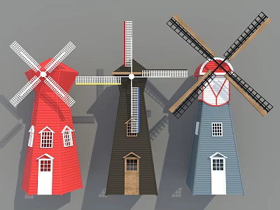 Colorful Windmill Architectural Components Featuring Blades Tower Bodies Windows And Doors 3d model