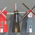 Colorful Windmill Architectural Components Featuring Blades Tower Bodies Windows And Doors