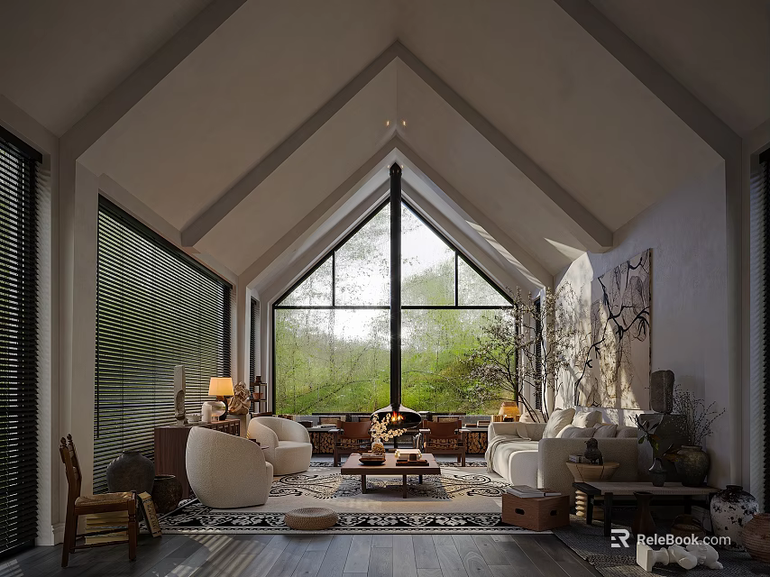 Comfortable Living Room With A-frame Ceiling Large Windows Cozy Sofa Rug And Green Trees View 3d model 