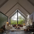 Comfortable Living Room With A-frame Ceiling Large Windows Cozy Sofa Rug And Green Trees View