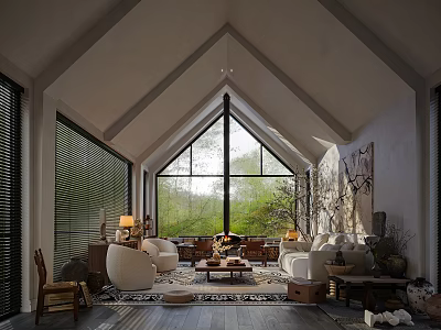 Comfortable Living Room With A-frame Ceiling Large Windows Cozy Sofa Rug And Green Trees View 3d model