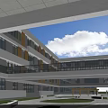 Modern School Building Exterior With Large Glass Windows Open Plaza And Greenery
