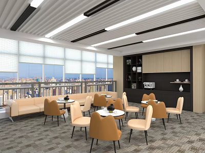 Modern Office Break Room With Large Windows City View Round Tables Chairs And Shelves 3d model