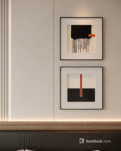 Abstract Paintings Framed Hanging On Light Wall With Black White Red Colors 3d model 
