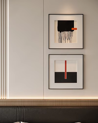 Abstract Paintings Framed Hanging On Light Wall With Black White Red Colors 3d model