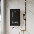 Modern Bathroom With Black Water Heater Digital Temperature Display Marble Wall And Window Blinds