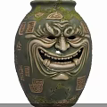 Ancient Green Vase With Carved Mask Design And Square Patterns Mossy Texture
