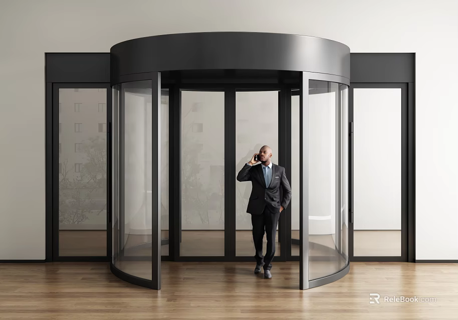 Modern Revolving Door Entrance With Man In Suit Talking On Phone 3d model 