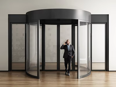 Modern Revolving Door Entrance With Man In Suit Talking On Phone 3d model